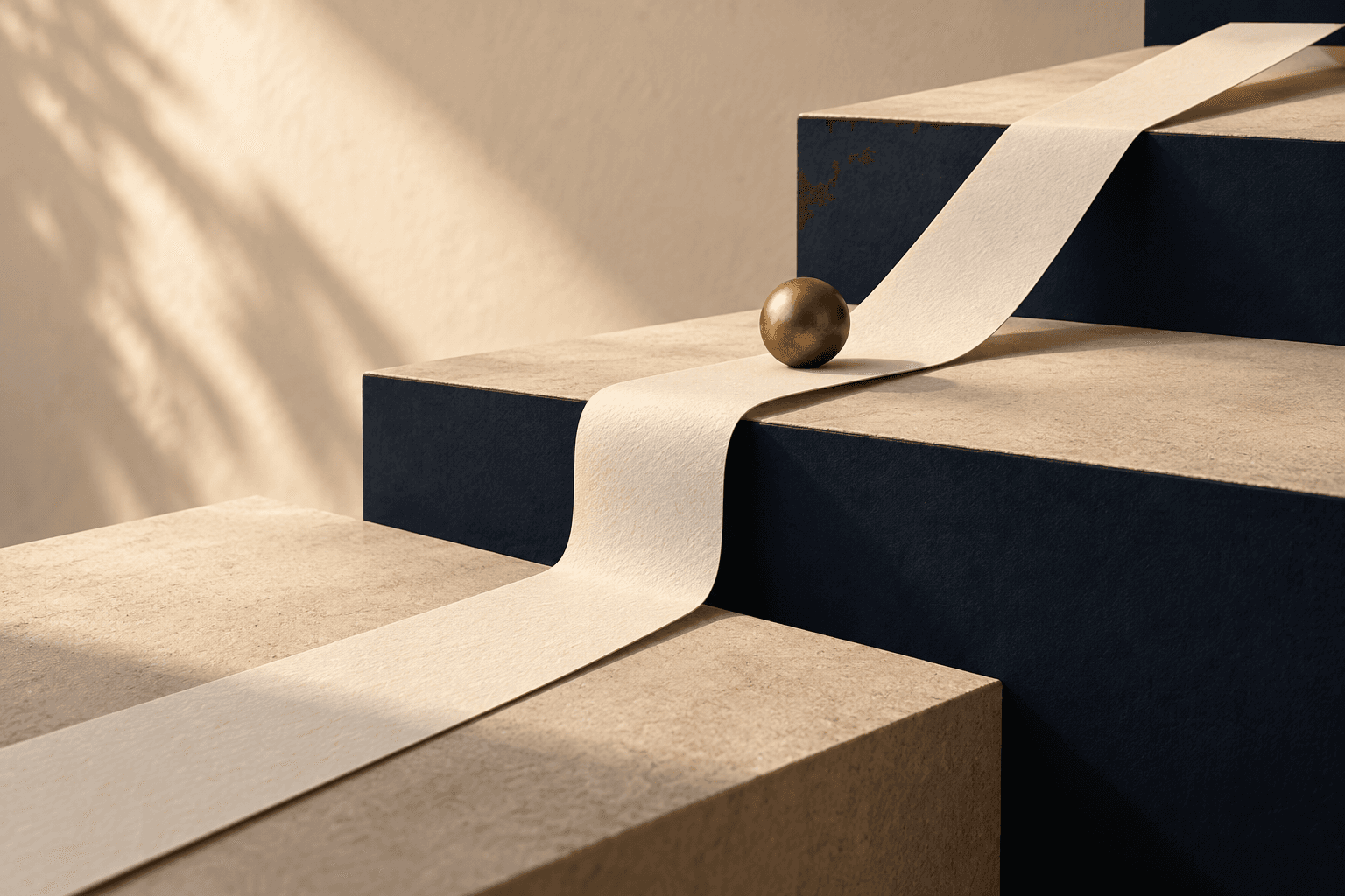 Conceptual paper path rising toward a brass sphere, illustrating a next step still to be considered.